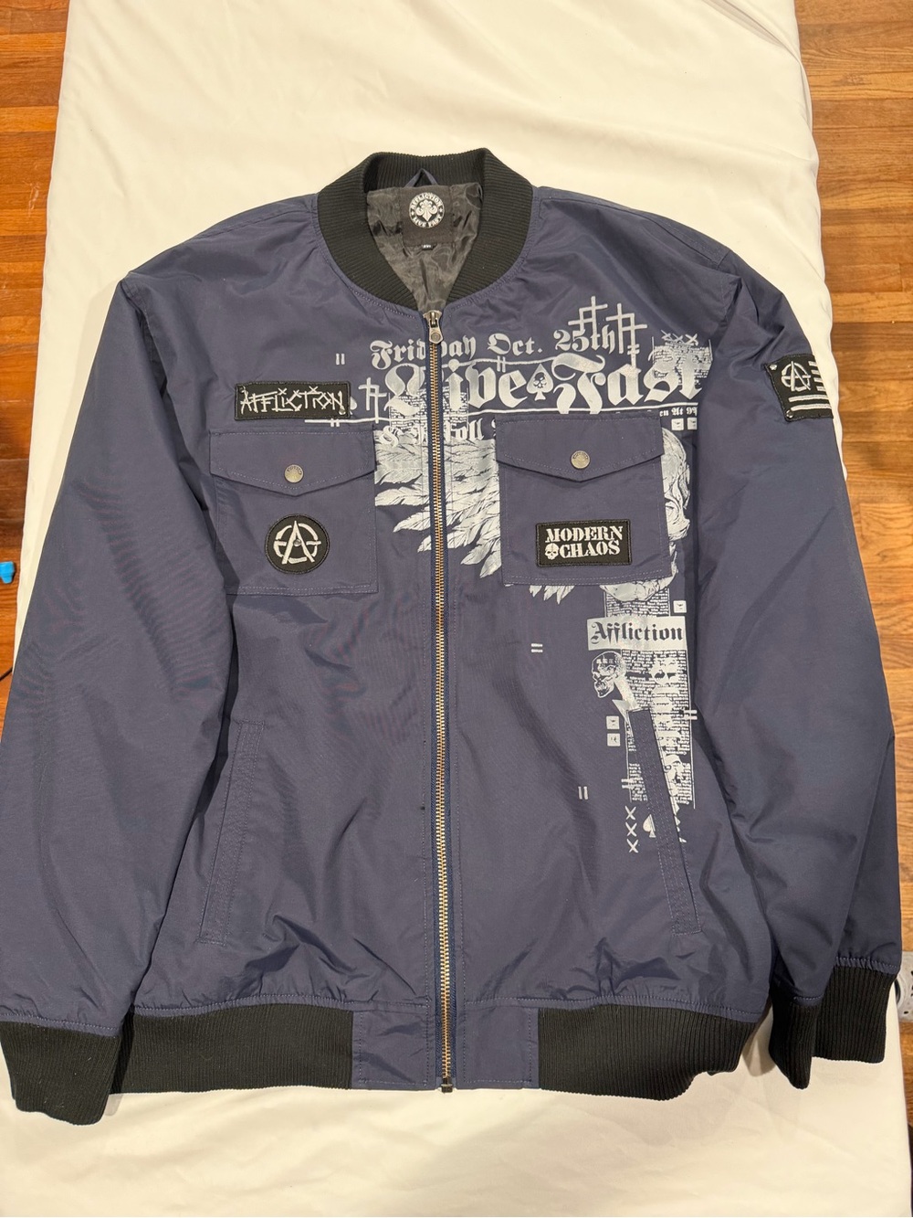 Affliction Modern Chaos Biker Jacket Y2K Skull Graphic Navy 3XL